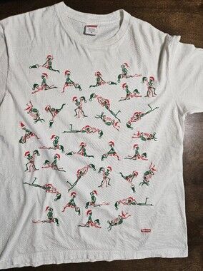 Supreme White Tee with Funny Red & Green Santa Skeletons Size Medium